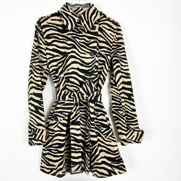 Lauren Ralph Lauren Trench Coat Womens L Tan Black Belted Zebra Tiger Print - Picture 2 of 15